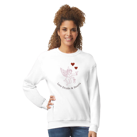 Woman wearing Love Drinks & Hearts Sweatshirt featuring a cute love-themed graphic.