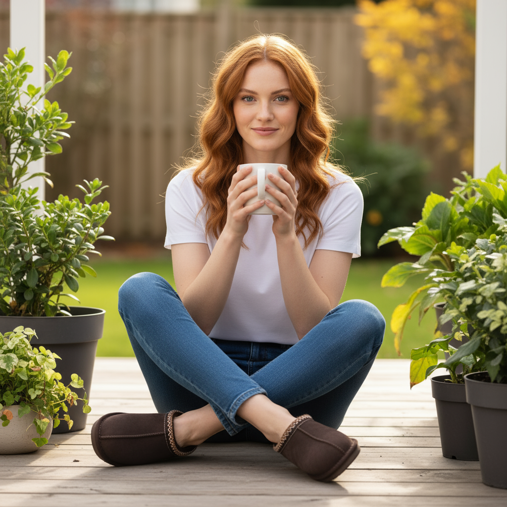 Ugg Tasman Bruna slippers in stylish home setting with woman holding a cup surrounded by green plants.