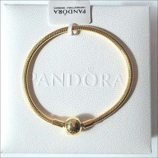 Pandora Armband med Snake Bone-länk och rund lås i guld på vit Pandora-förpackning.