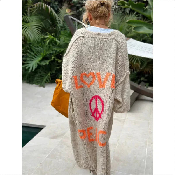 Bohemisk Elegans – Mjuk Flower Power Kofta för Kvinnor - S/M / Beige - Lång kofta