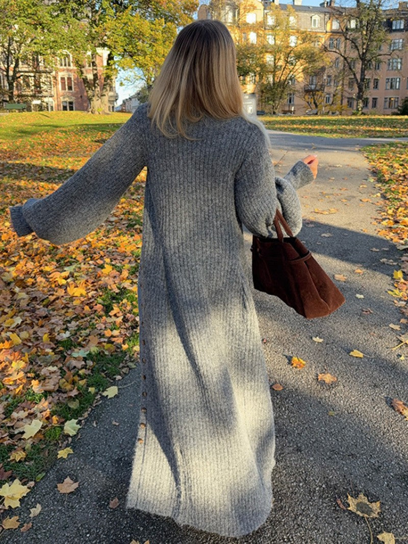 Stickad klänning kofta med ballongärmar för elegant kontorsstil - mutual