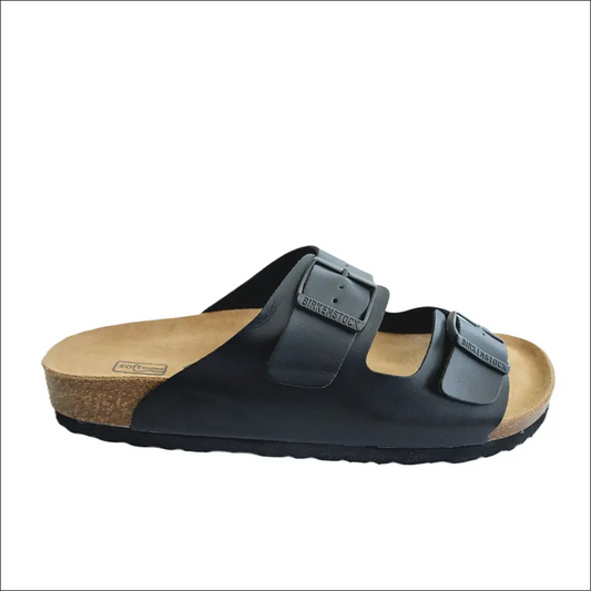 Birkenstock Arizona Svart BirkoFlor sandal with soft footbed and two adjustable straps, perfect for narrow feet.