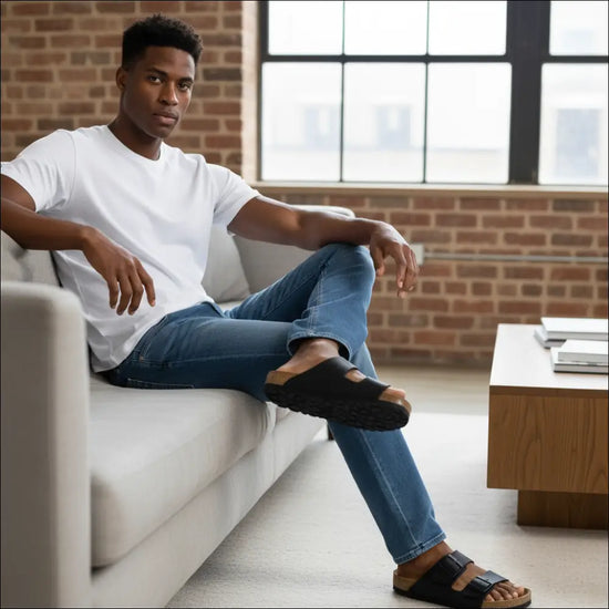 Man sitting on a couch wearing Birkenstock Arizona Svart BirkoFlor sandals with a soft footbed and a casual outfit.