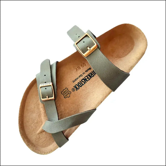 Birkenstock Mayari sandals in stone Birko-Flor with adjustable straps and cork footbed.