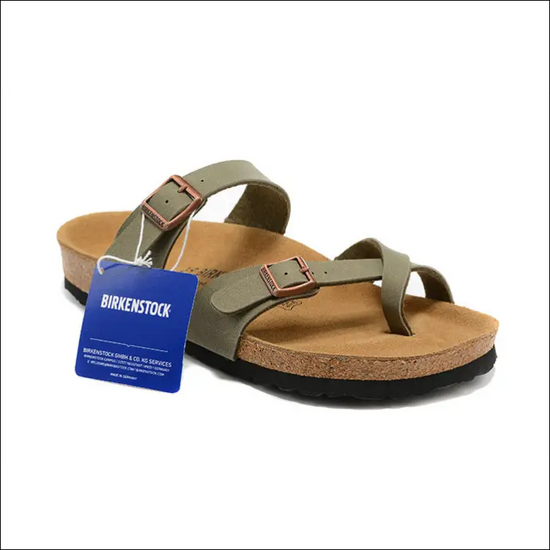 Birkenstock Mayari Sandals in Stone Birko-Flor with adjustable straps and cork footbed.