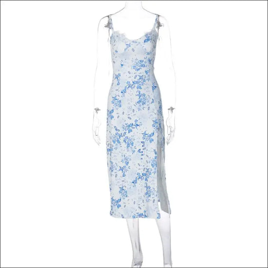 Blue White Floral Nattlinne med axelband Slits & Spetskant – Satinlook Blå / M Klänningar