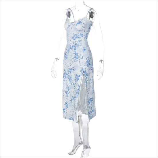 Blue White Floral Nattlinne med axelband Slits & Spetskant – Satinlook Klänningar