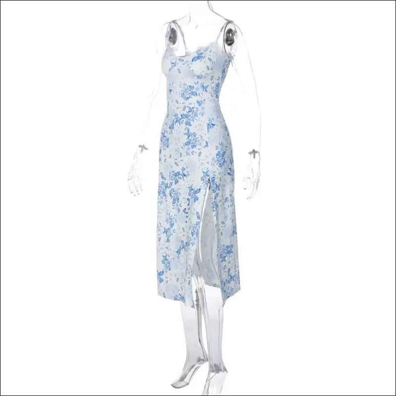 Blue White Floral Nattlinne med axelband Slits & Spetskant – Satinlook Klänningar