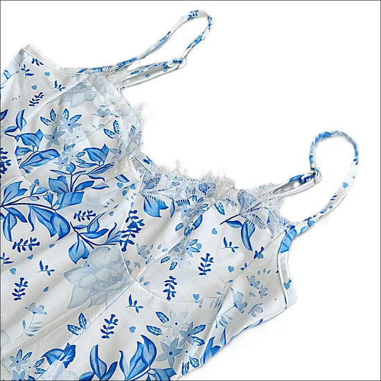 Blue White Floral Nattlinne med axelband Slits & Spetskant – Satinlook Klänningar