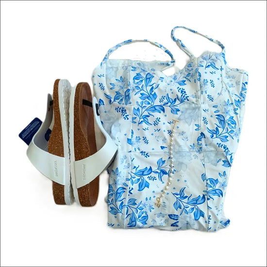 Blue White Floral Nattlinne med axelband Slits & Spetskant – Satinlook Klänningar
