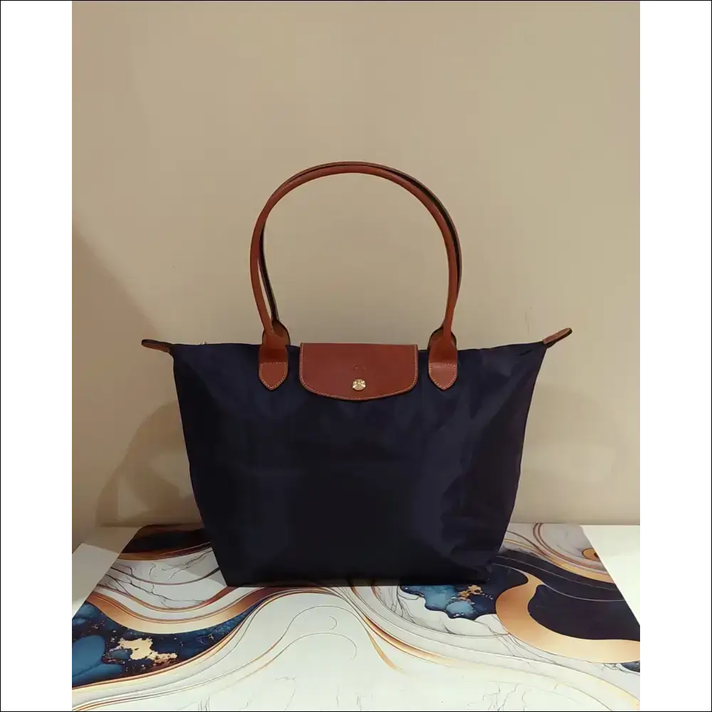 Large Longchamp Tote Pliage Original Navy Blue - Long Handle - Vikbar resväska