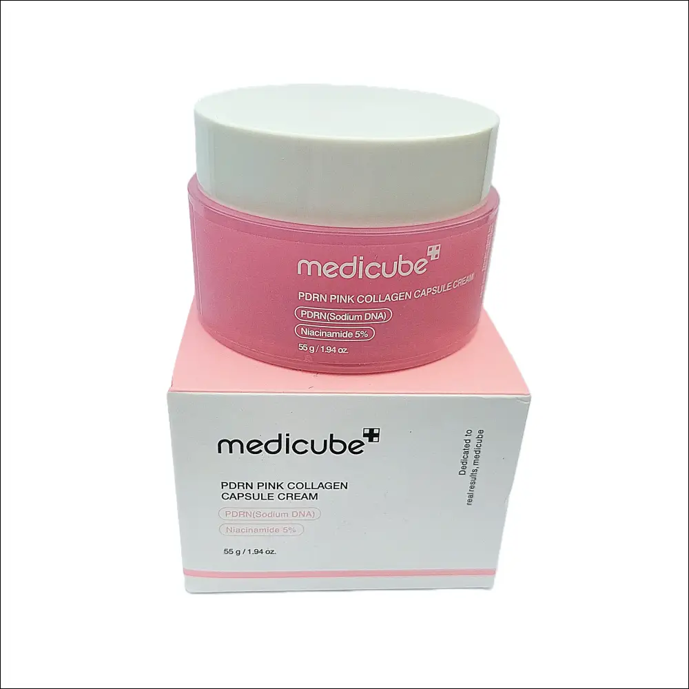 Medicube Collagen PDRN Pink Collagen Capsule Cream in a pink container and box for rejuvenating sensitive skin.