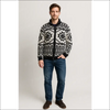 Stickad Herr Cardigan i Nordisk Stil med Polokrage - Svart & Vit / M / Polyester