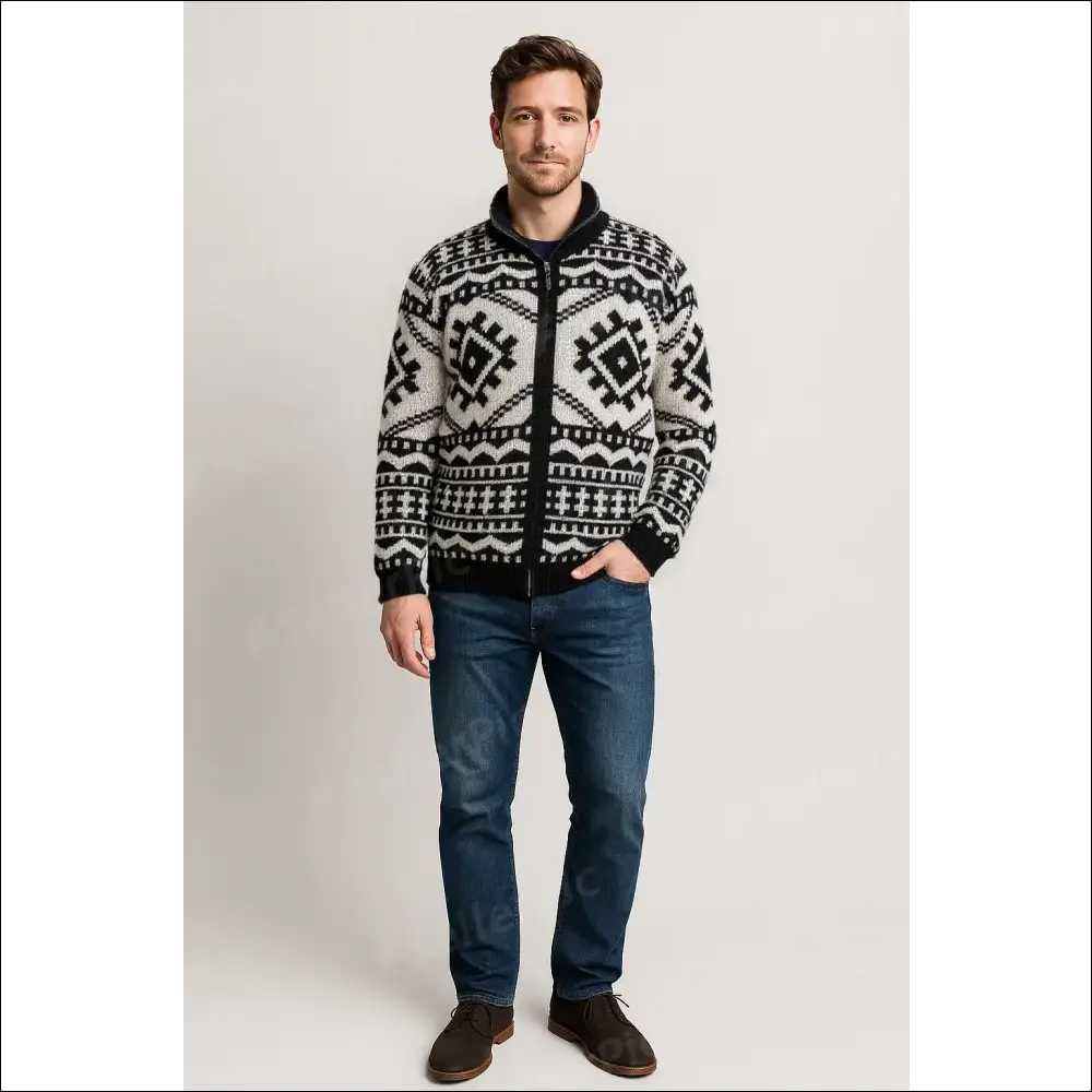Stickad Herr Cardigan i Nordisk Stil med Polokrage - Svart & Vit / M / Polyester