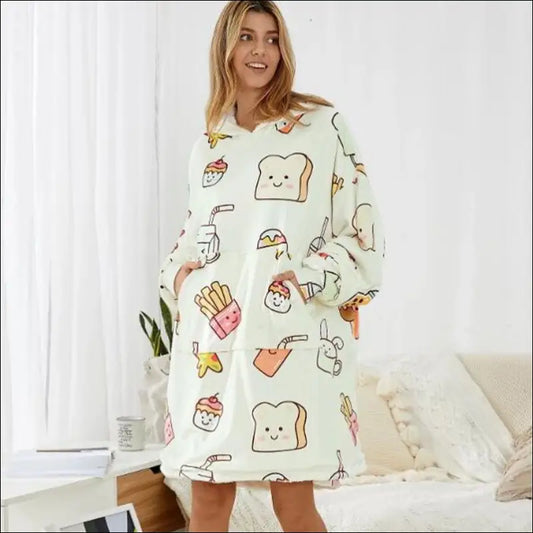 Milkshake Sherpa Hoodie Blanket Yummy Treat Edition - Dessert Treats / Free Storlek / Off-White med tryck