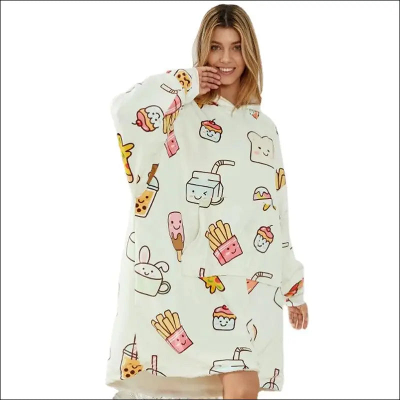 Milkshake Sherpa Hoodie Blanket Yummy Treat Edition - Dessert Treats / Free Storlek / Off-White med tryck